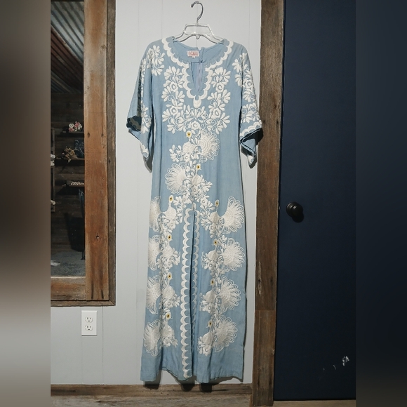 original jobea Dresses & Skirts - Vintage Embroidered Angel Sleeve Caftan Chambray Fabric Maxi Length Size S/M